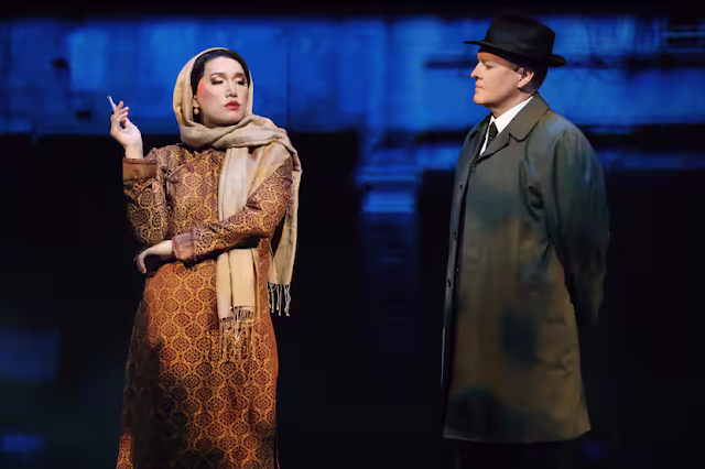 Countertenor Kangmin Justin Kim as Song Liling and baritone Mark Stone as René Gallimard in rehearsal for 'M. Butterfly' at the Santa Fe Opera.(Photo: Curtis Brown for the Santa Fe Opera)