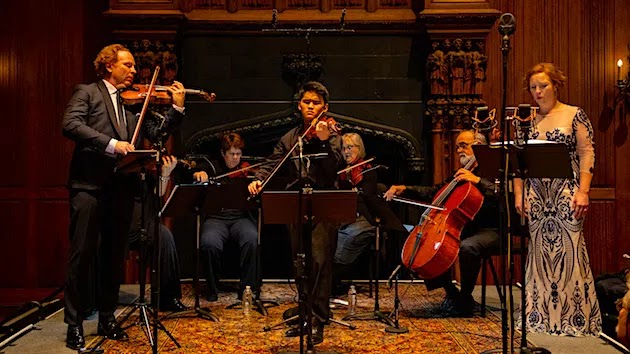 Jake Heggie: Intonations - Violinist Daniel Hope, violinist Sean Mori, mezzo-soprano Sasha Cooke in foreground; background are Kay Stern and Dawn Harms, violins, Patricia Heller, viola; and Emil Miland, cello in the world premiere of Jake Heggie and Gene Scheer’s Intonations: Songs from the Violins of Hope, Jan. 19, 2020, Music at Kohl Mansion (Photo: Matthew Washburn)