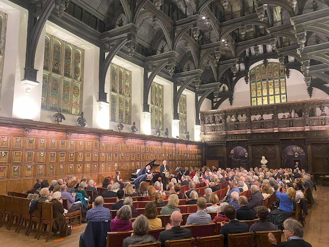 Richard Watkins, Julius Drake and Sir James MacMillan take a bow in Middle Temple Hall, after the world premiere of MacMillan's new work for horn & piano