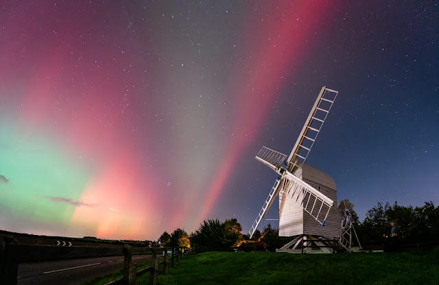 Northern Lights captured by Rebecca Saxton over Great Chishill Windmill, Royston, UK, 10 October 2024, with a Nikon D750 camera and 24-70mm lens