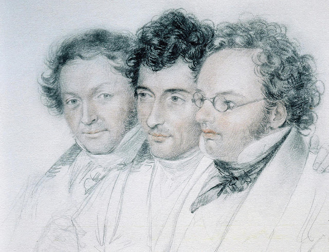 Schubert with friends Johann Baptist Jenger & Anselm Huttenbrenner - Chalk drawing, 1827, by Josef Eduard Teltscher