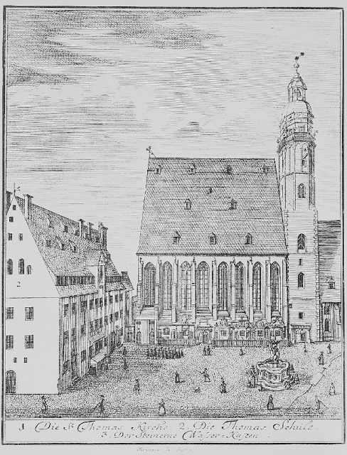 A 1723 engraving by Johann Gottfried Krügner of the Thomaskirche