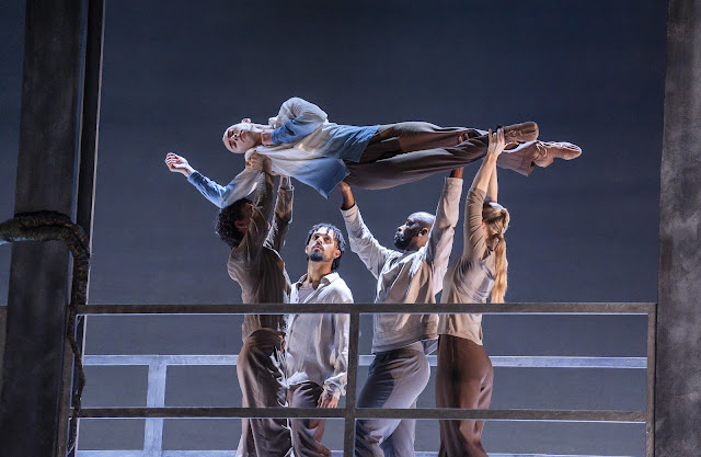 Handel: Susanna - Dylan Springer held aloft by Tony Polo, Teige Bisnought, Aaron Chaplin and Hannah McGlashon of Phoenix Dance Theatre - Opera North, Phoenix Dance Theatre (Photo: Tristram Kenton)