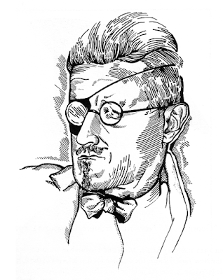 A drawing of Joyce (with eyepatch) by Djuna Barnes from 1922,  the year in which Joyce began the 17-year task of writing Finnegans Wake