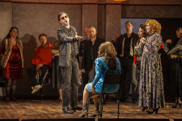 Tchaikovsky: Eugene Onegin - Florian Panzieri as Monsieur Triquet, Verity Wingate as Tatyana, Hannah Mason as Madame Larina & chorus - Opera North [Photo: James Glossop]
