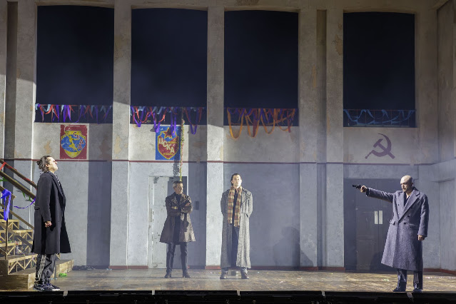 Tchaikovsky: Eugene Onegin - Caspar Singh as Lensky, Dean Robinson as Guillot, Simon Grange as Zaretsky, John Brancy as Onegin - Opera North [Photo: James Glossop]